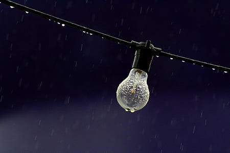 bulb, electricity, lightbulb, rain, raindrops, wire