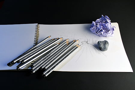 art pencils, pencils, sketch pad, sketch, drawing, paper, crumpled