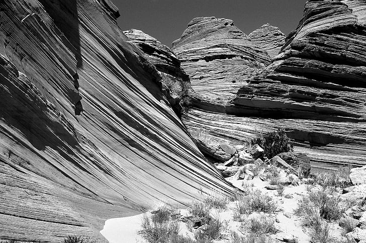 black-and-white, canyon, desert, dry, landscape, mountain, outdoors