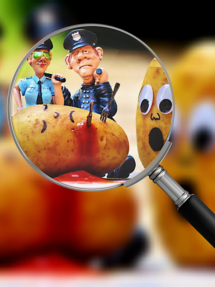 potatoes, murder, blood, police, search for clues, investigations, funny
