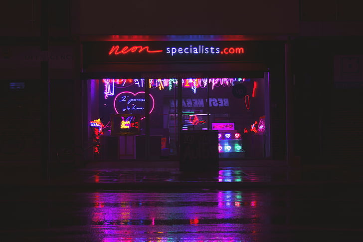 Neon, speciālists, com, veikals, tumša, naktī, apzīmējumi