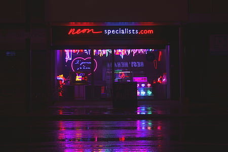Neon, Spezialist, com, Speichern, dunkel, Nacht, Beschilderung