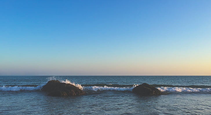 Playa, Océano, rocas, mar, junto al mar, puesta de sol, ondas