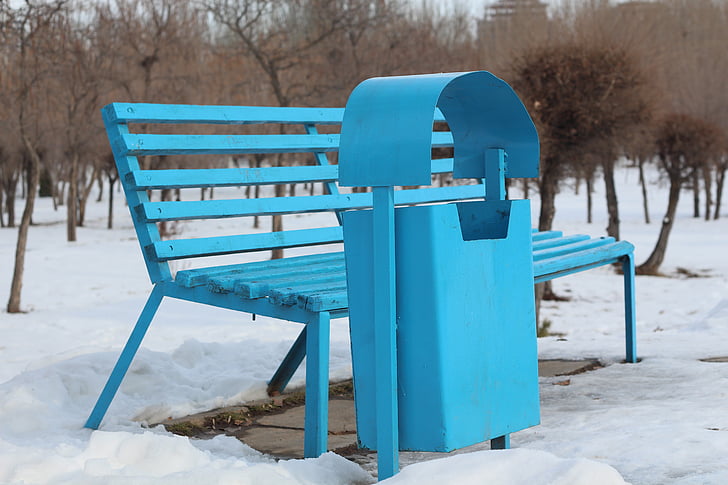 bench, trash, blue, container, outdoor, recycling, trashcan