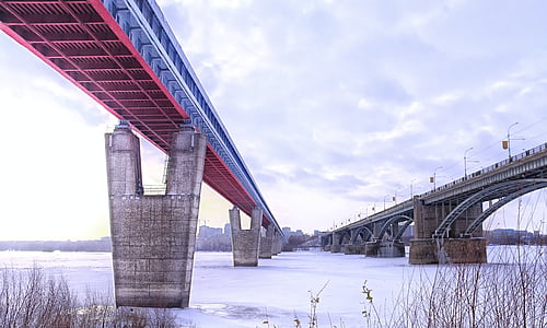 bridge, river, winter, ice, quay, landscape, steel