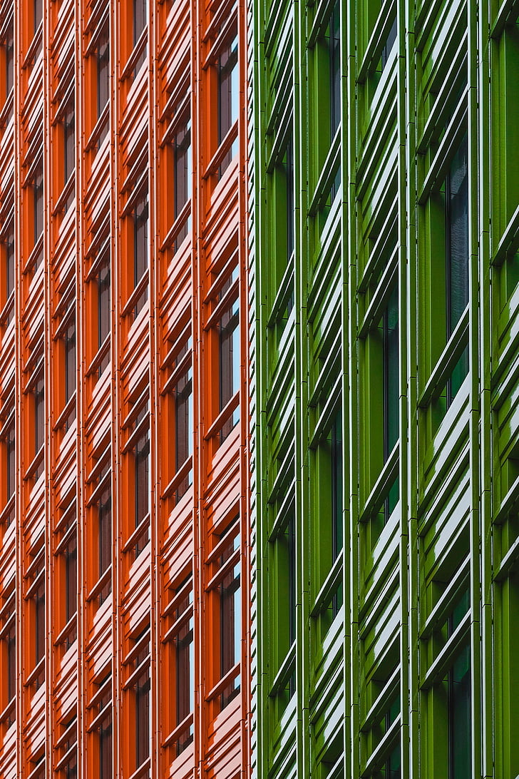 architecture, building, infrastructure, orange, green, facade, pattern