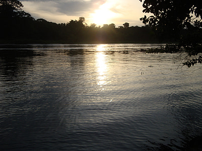 Kostarika, Tortuguero, Západ slunce, Příroda, reflexe, voda, jezero