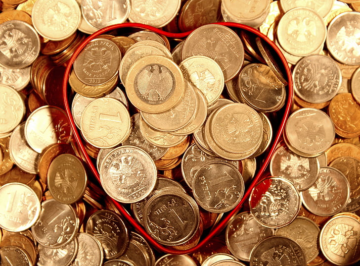 pénz, érmék, szív, rubel, euro, maroknyi, gazdaság