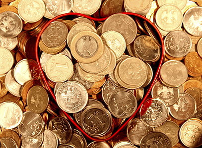 penge, mønter, hjerte, rubel, euro, håndfuld, økonomi