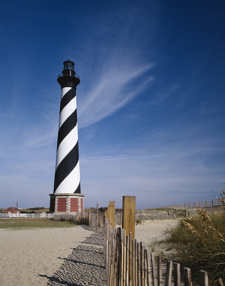 lighthouse, shore, coast, stripes, ocean, warning, coastline