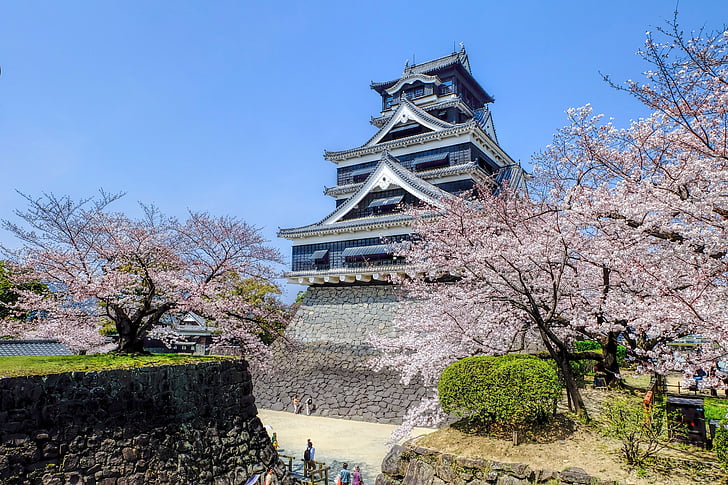 Japan, Kumamoto, Kumamoto castle, slott, byggnad, arkitektur, våren
