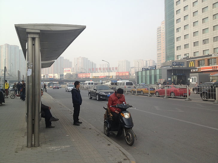 street view, beijing, haze, bus station, people, transportation, urban Scene