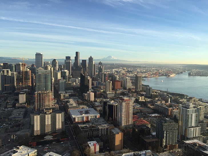 Seattle, Miasto, wieży Space needle, Stany Zjednoczone Ameryki, Amercia, wznosi się wysoko, drapacze chmur