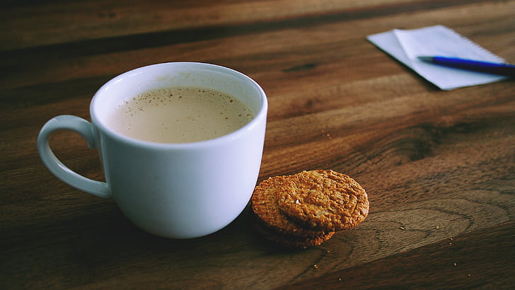 trắng, gốm sứ, cà phê, mug, gần, cookie, màu nâu