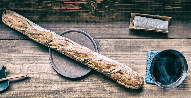 bread, coffee, cafe, french bread, natural light, and, weapon