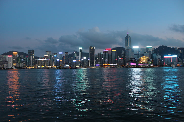 platja de victòria, vista nocturna, silueta urbana, paisatge urbà, Xina - Àsia Oriental, Hong kong, Panorama urbà