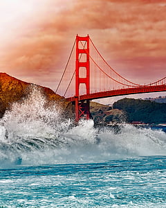 San francisco, California, Golden gate bridge, zaliv, pristanišča, valovi, nebo