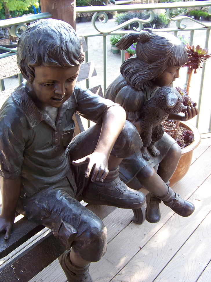 statue, Bronze, børn, metal, figur, haven