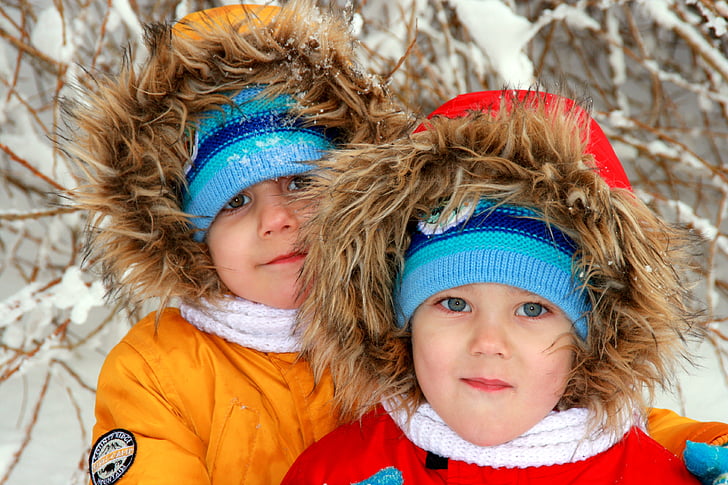 twins, brothers, winter, snow, portrait, smile, blue eyes