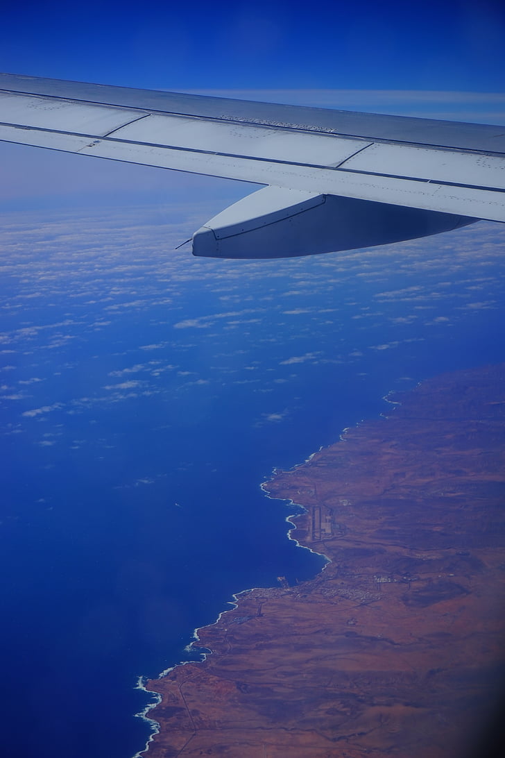 letjeti, zrakoplova, krilo, more, Otok, Fuerteventura, Kanarski otoci