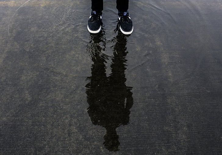 feet, footwear, man, outdoors, person, reflection, shoes