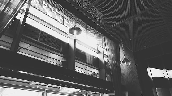 shop, restaurant, lamp, light, black and white, monochrome, indoors