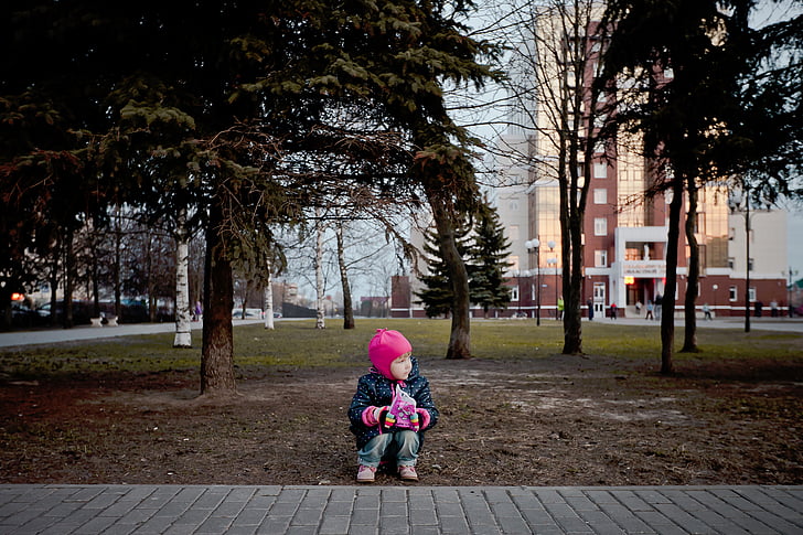 city, buildings, nature, grass, trees, people, child