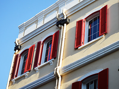 vermelho, persianas, Windows, janela, edifício, arquitetura, exterior