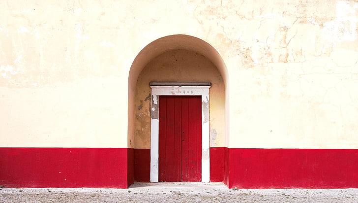 porta, paret, vermell, groc, arc, arquitectura, vell