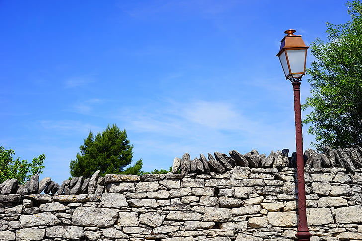 stone wall, wall, lantern, street lamp, lighting