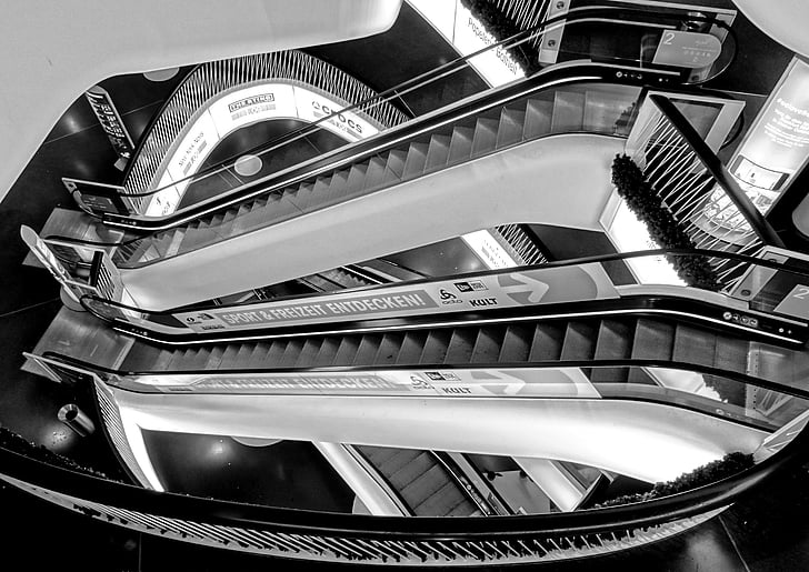 Frankfurt, MyZeil, merdiven, Frankfurt am main Almanya, mimari, siyah ve beyaz