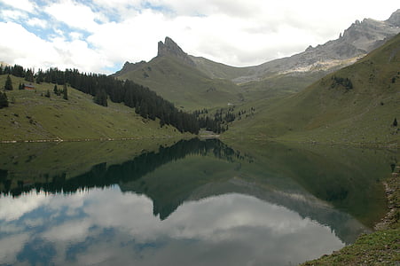 bergsee, Lago alpino, espelhamento, reflexão, montanhas, nuvens, céu
