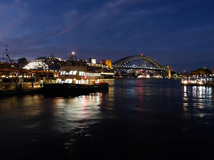 Sydney, port, bateaux, pont, pont du port, nuit, sombre