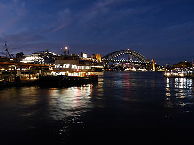 Сидней, Порт, лодки, мост, мост Харбор-Бридж, ночь, Темный