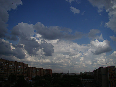 nebo, nevihtno, dolgočasno, oblaki, modra, doma, mesto
