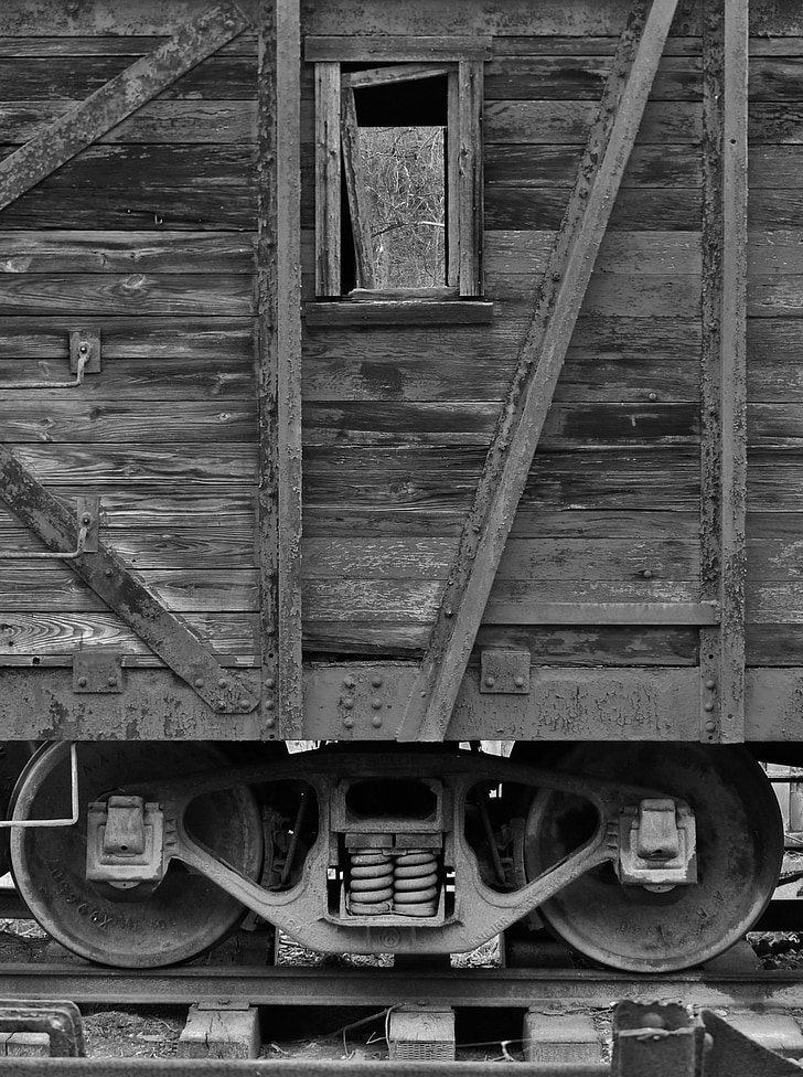 σιδηρόδρομος, ράγα, τρένο, αυτοκίνητο, μαύρο και άσπρο, κουτί, κομμάτια