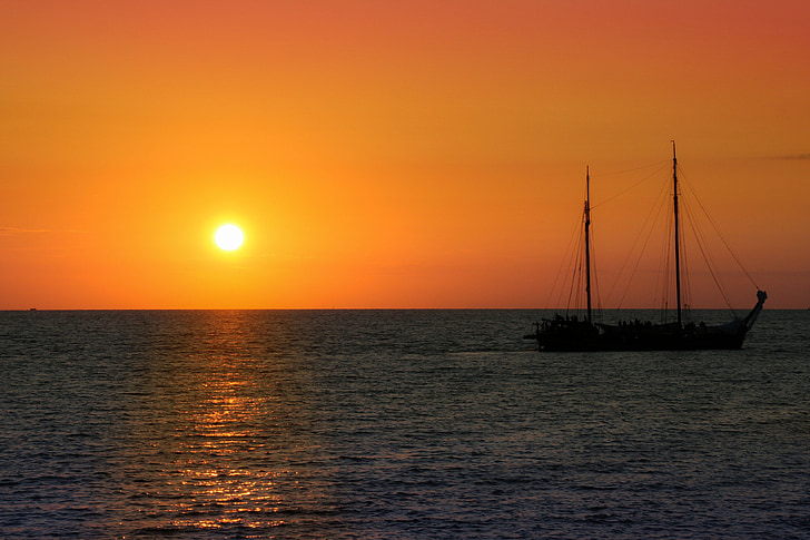 sailing vessel, sunset, sea, water