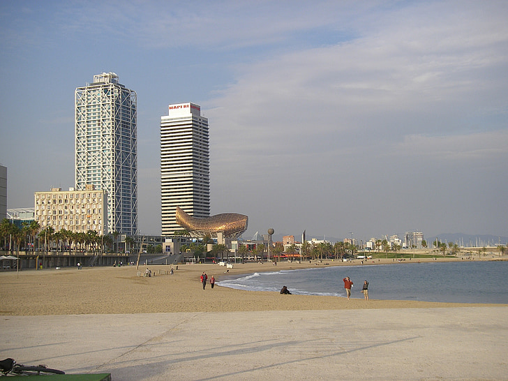 Playa, mar, Mediterráneo, ciudad, Barcelona, vacaciones, cielo