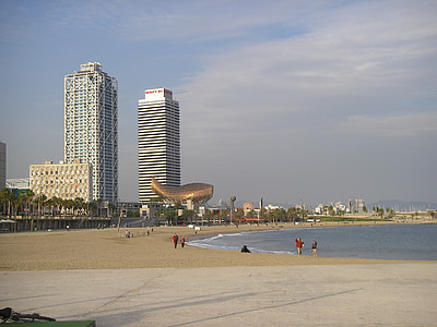 pláž, Já?, Středomořská, město, Barcelona, dovolená, obloha