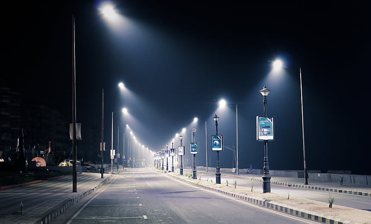 Eclairage public, nuit, ville, rue, lumière, urbain, lampe