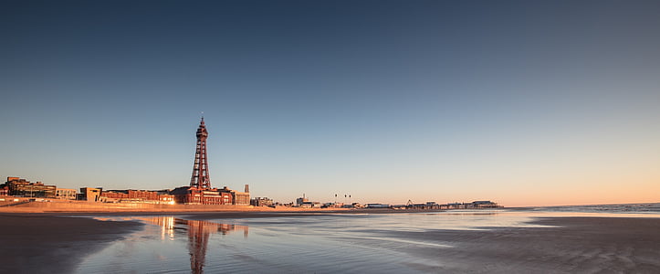 Seascape, praia, cênica, Torre de Blackpool, Lancashire, Inglaterra, Reino Unido