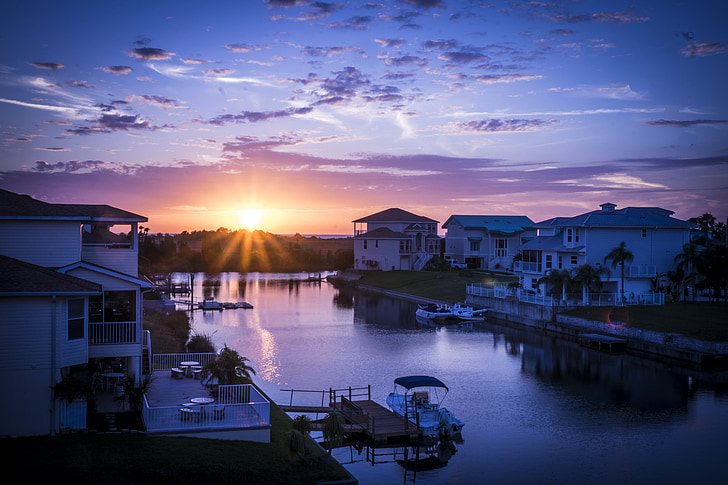 solnedgang, kanalen, Florida, Gulf, skyer, Sunstar, vann