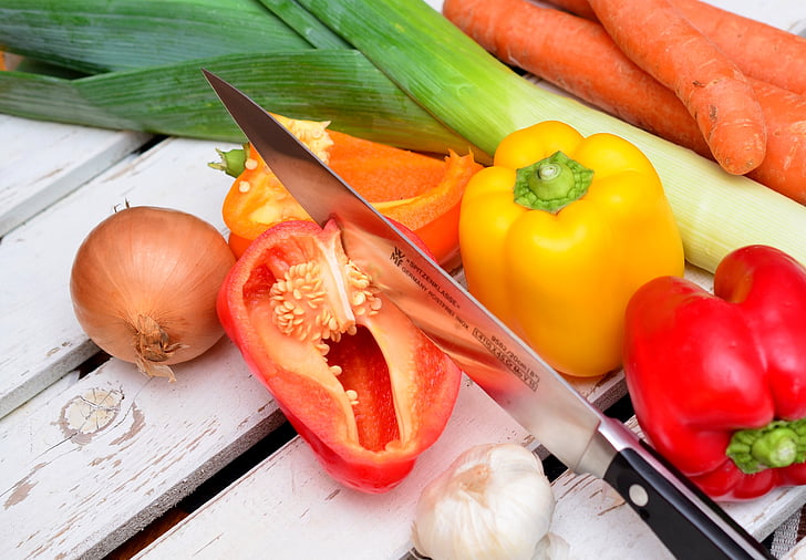 carrots, cooking, food, food prep, fresh, knife, onion