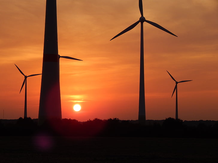 Parco eolico, Windräder, tramonto, storia d'amore, energia eolica, cielo, natura