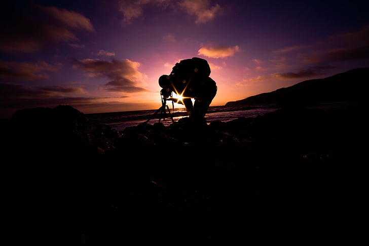 beach, dawn, dusk, man, outdoors, photographer, sea