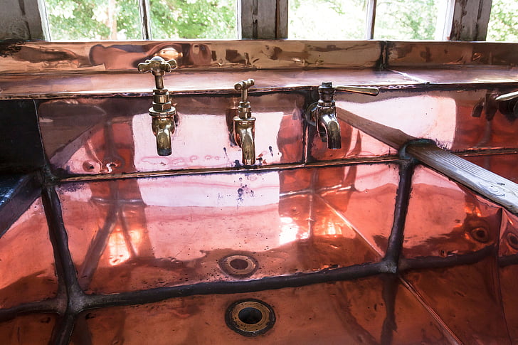 lavabo del baño, grifo, cobre, cocina, antiguo, antiguo, nostalgia