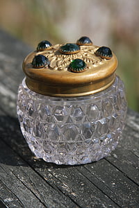 ガラスの瓶, 宝石で飾られたヴィンテージの瓶, ビンテージ香水瓶, jar, 輝き