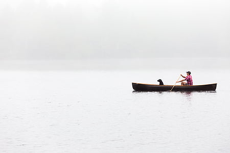 man, riding, canoe, dog, body, water, daytime