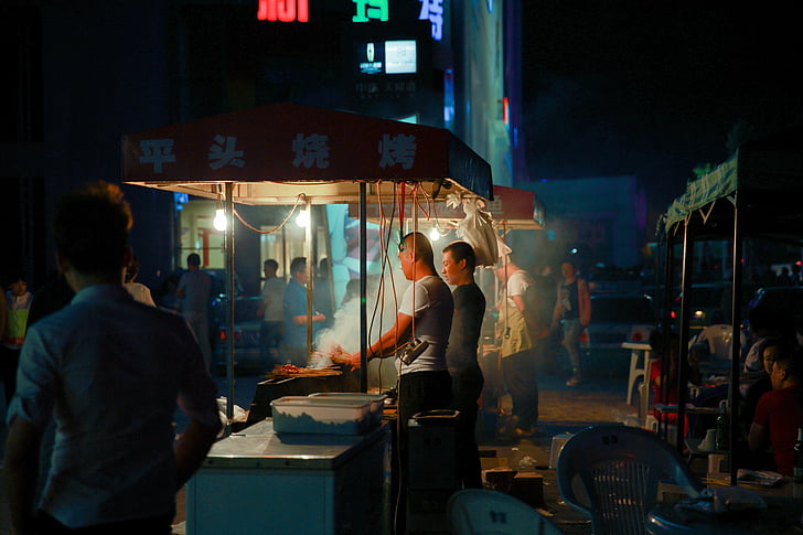 the night market, barbecue, character, night, people