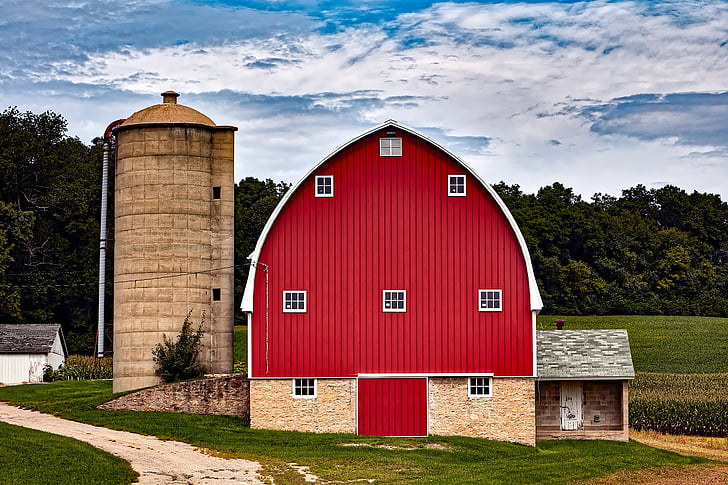Wisconsin, graner vermell, sitja, edificis, granja, rural, rústic